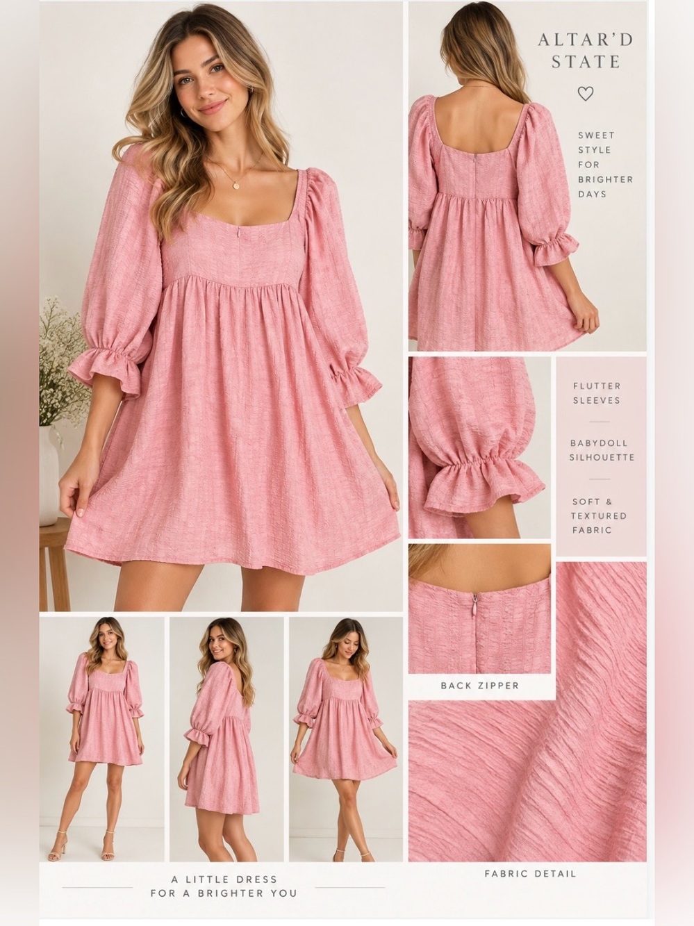 Altar’d State Pink Babydoll Mini Dress Balloon Sleeve Flutter Dress - Sz M